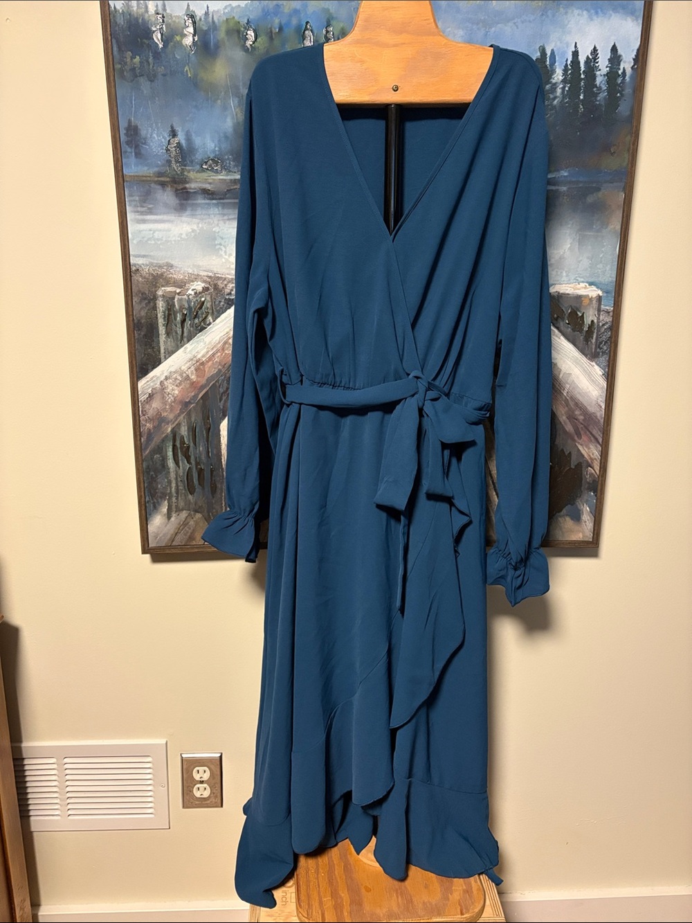 Women's Teal Wrap Midi Dress with Waist Tie